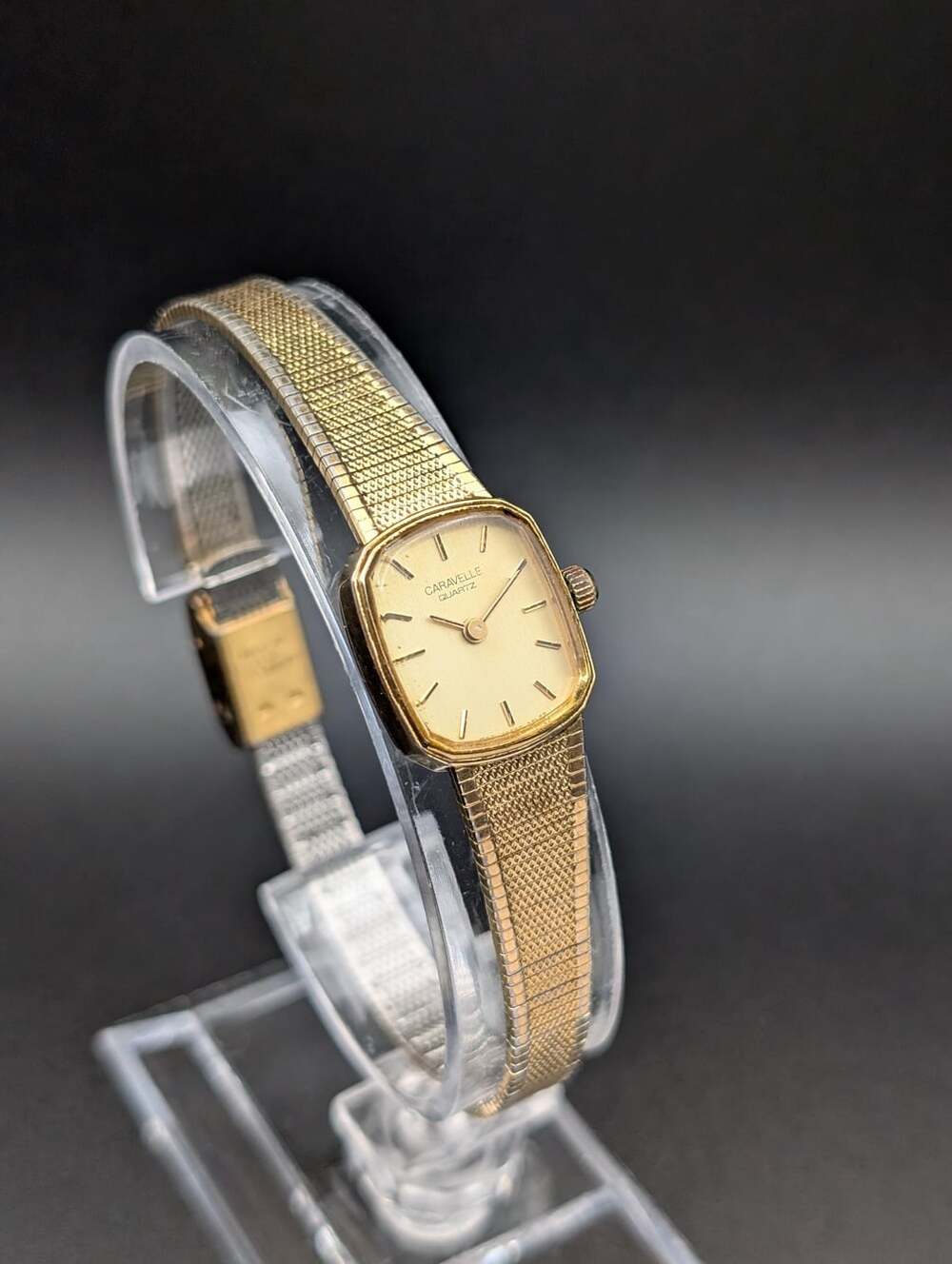 Vintage Caravelle Gold-Tone Quartz Ladies Watch, Textured Diamond-Weave Mesh Bra